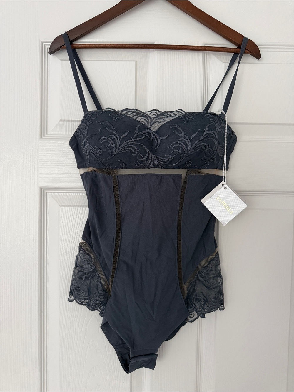La Perla lace bodysuit Zephyra 36b charcoal NWT